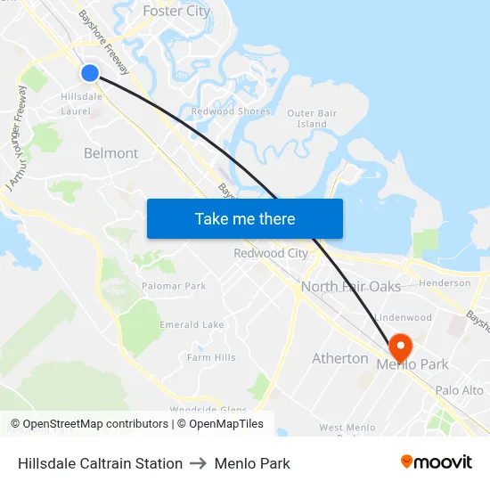 Hillsdale Caltrain Station to Menlo Park map