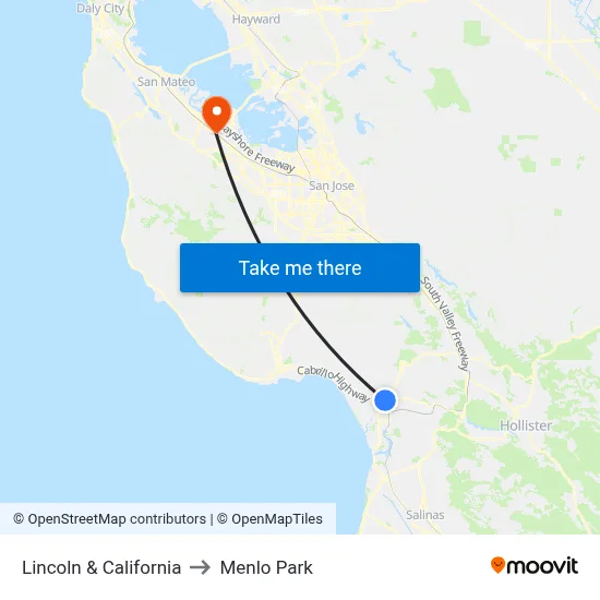 Lincoln & California to Menlo Park map