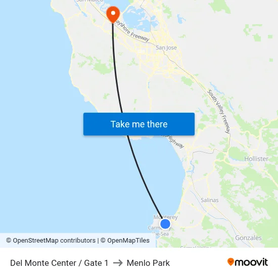 Del Monte Center / Gate 1 to Menlo Park map