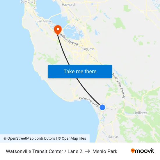 Watsonville Transit Center / Lane 2 to Menlo Park map