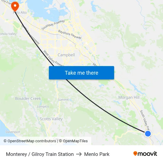 Monterey / Gilroy Train Station to Menlo Park map