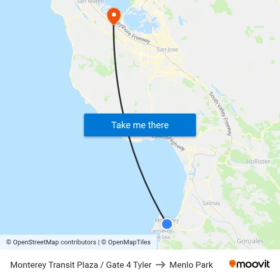 Monterey Transit Plaza / Gate 4 Tyler to Menlo Park map