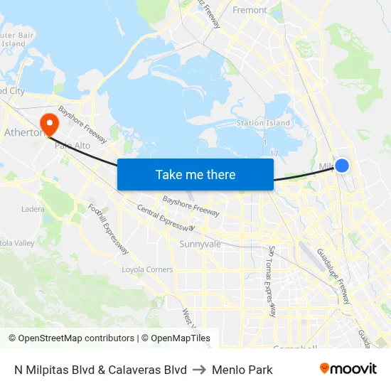 N Milpitas Blvd & Calaveras Blvd to Menlo Park map