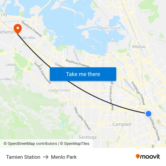 Tamien Station to Menlo Park map