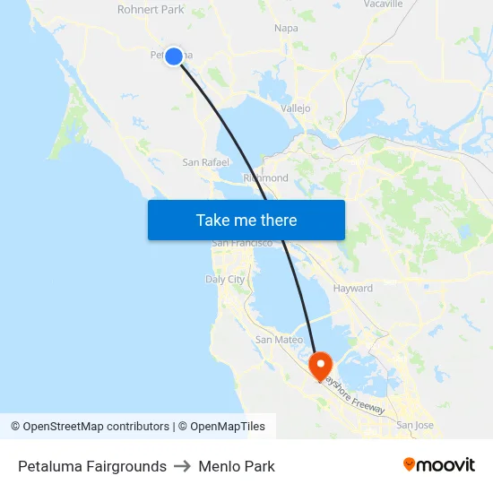 Petaluma Fairgrounds to Menlo Park map