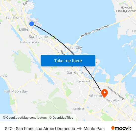 SFO - San Francisco Airport Domestic to Menlo Park map