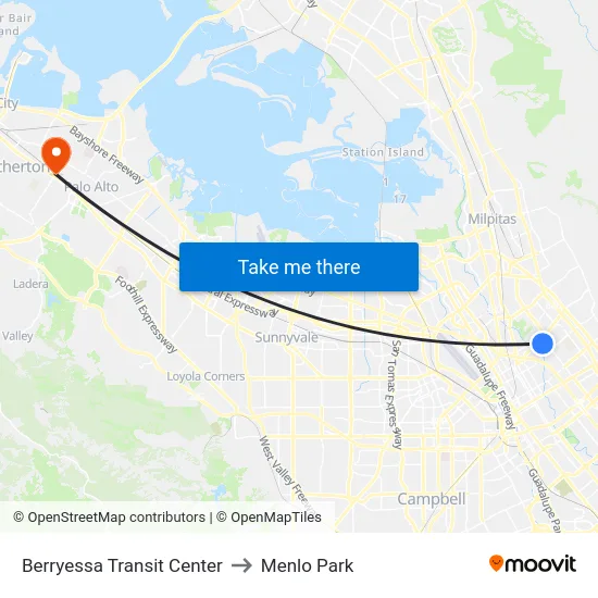 Berryessa Transit Center to Menlo Park map