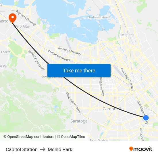 Capitol Station to Menlo Park map