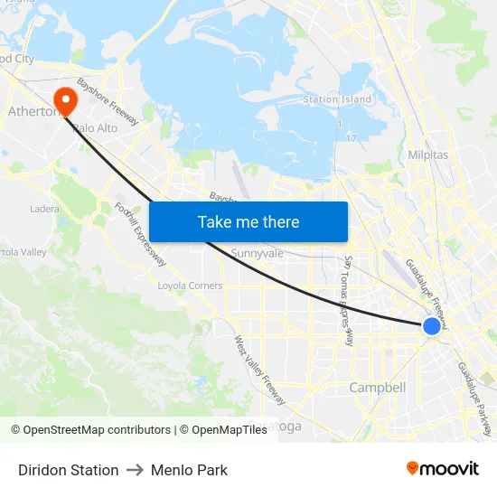 Diridon Station to Menlo Park map