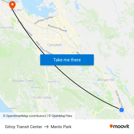 Gilroy Transit Center to Menlo Park map