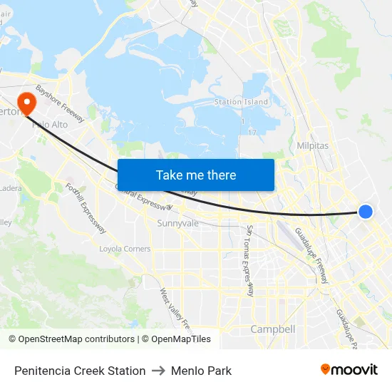 Penitencia Creek Station to Menlo Park map