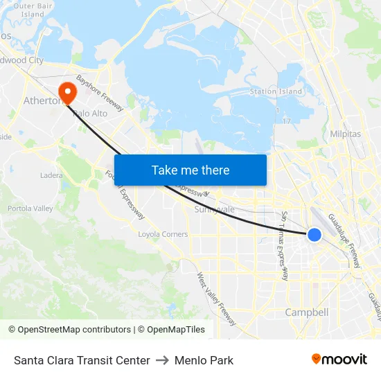 Santa Clara Transit Center to Menlo Park map