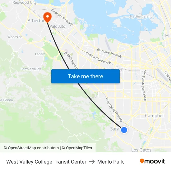 West Valley College Transit Center to Menlo Park map