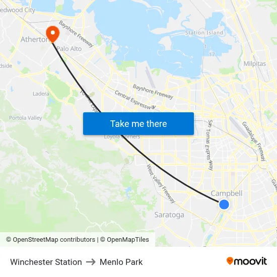 Winchester Station to Menlo Park map