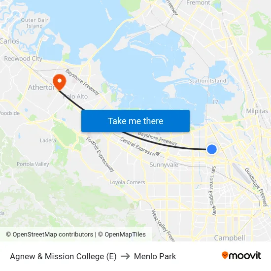 Agnew & Mission College (E) to Menlo Park map