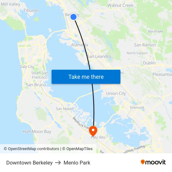 Downtown Berkeley to Menlo Park map