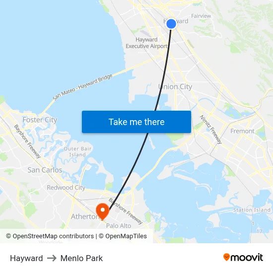 Hayward to Menlo Park map