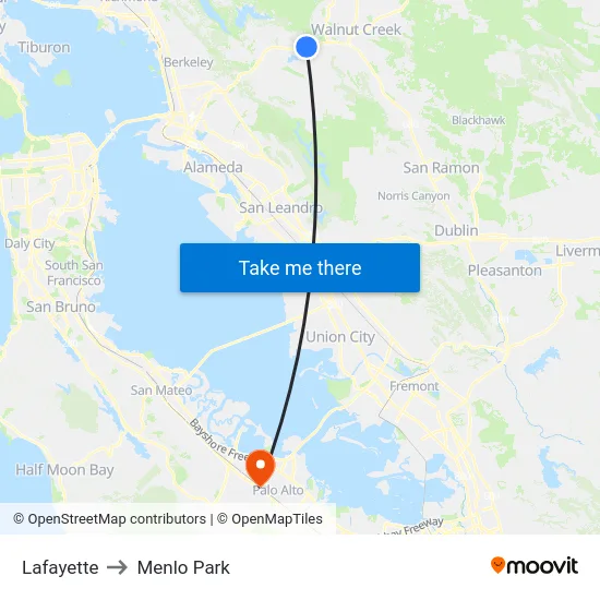 Lafayette to Menlo Park map