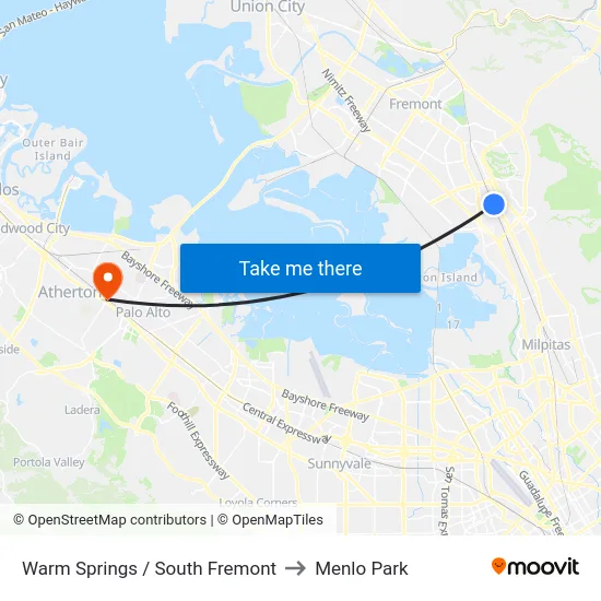 Warm Springs / South Fremont to Menlo Park map