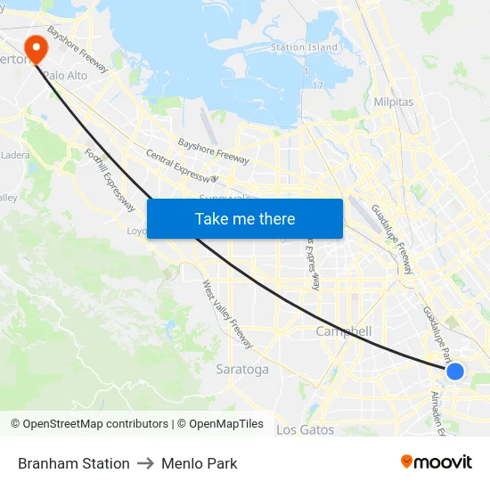 Branham Station to Menlo Park map