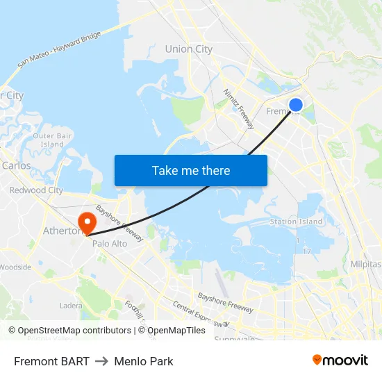 Fremont BART to Menlo Park map