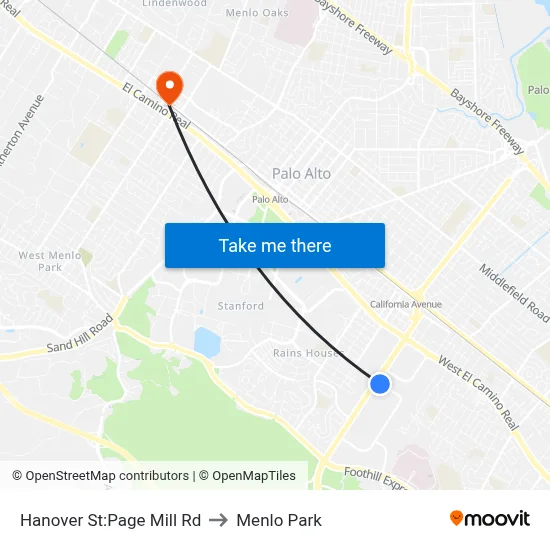 Hanover St:Page Mill Rd to Menlo Park map