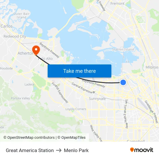Great America Station to Menlo Park map
