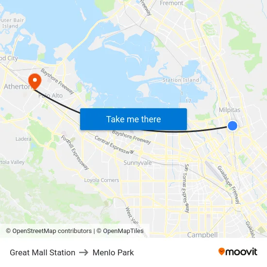 Great Mall Station to Menlo Park map