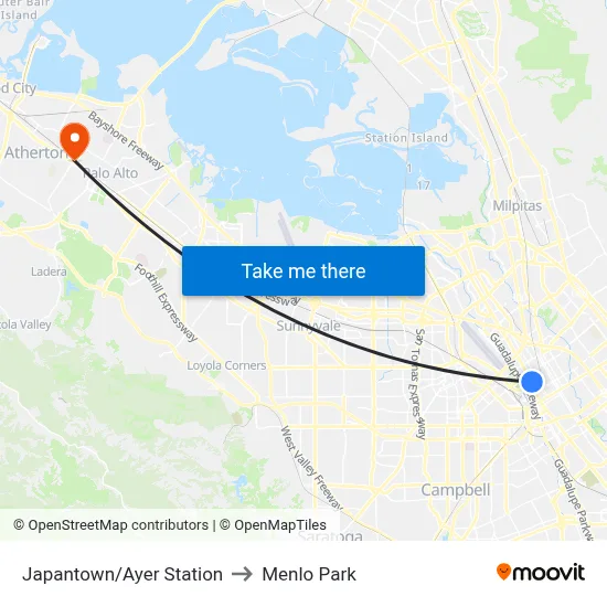 Japantown/Ayer Station to Menlo Park map