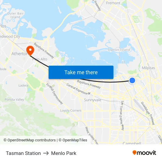 Tasman Station to Menlo Park map