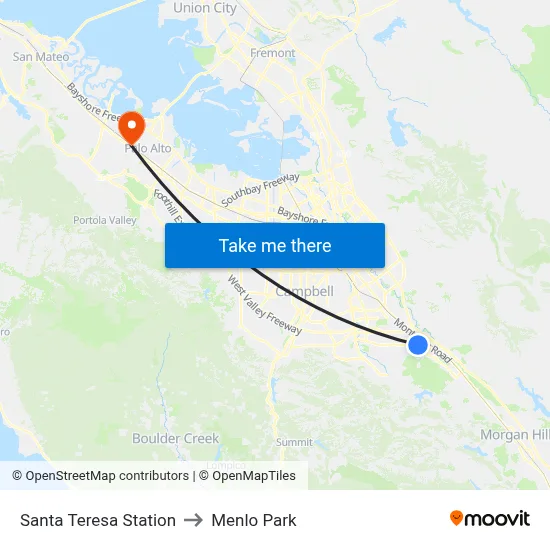 Santa Teresa Station to Menlo Park map