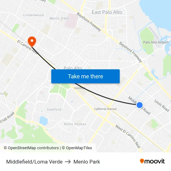 Middlefield/Loma Verde to Menlo Park map