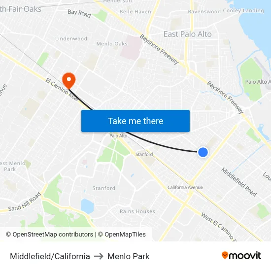 Middlefield/California to Menlo Park map