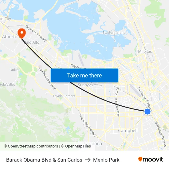 Barack Obama Blvd & San Carlos to Menlo Park map