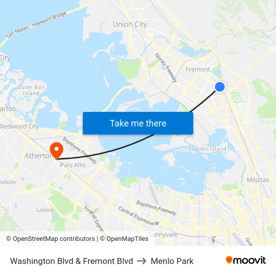 Washington Blvd & Fremont Blvd to Menlo Park map