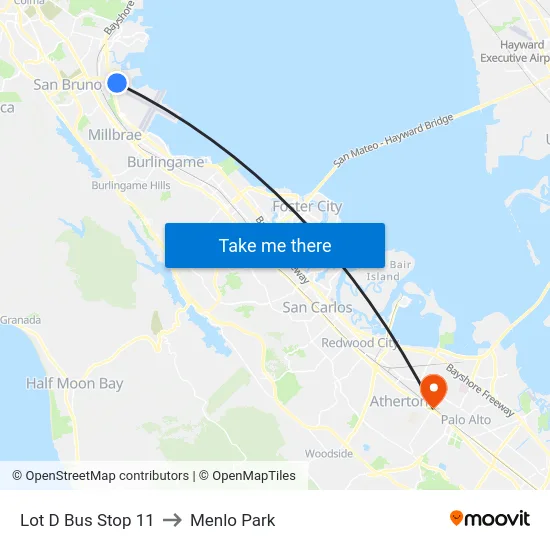 Lot D Bus Stop 11 to Menlo Park map