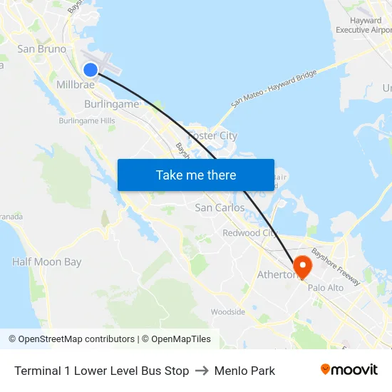 Terminal 1 Lower Level Bus Stop to Menlo Park map