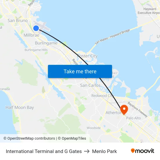 International Terminal and G Gates to Menlo Park map