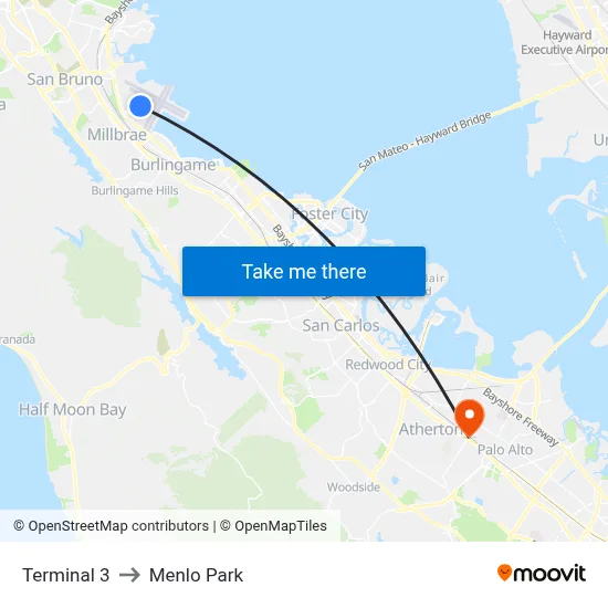 Terminal 3 to Menlo Park map