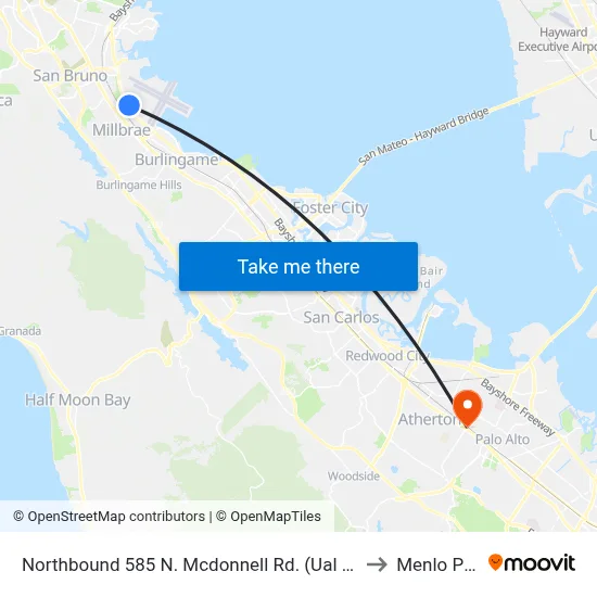 Northbound 585 N. Mcdonnell Rd. (Ual Cargo) to Menlo Park map