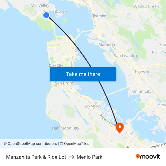 Manzanita Park & Ride Lot to Menlo Park map