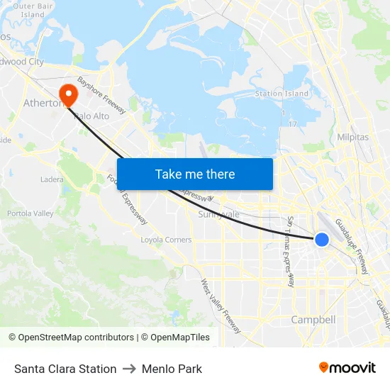 Santa Clara Station to Menlo Park map