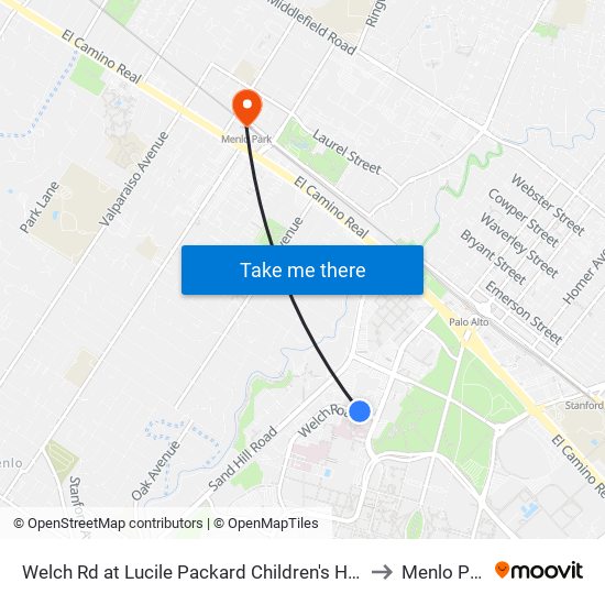 Welch Rd at Lucile Packard Children's Hospital to Menlo Park map