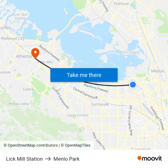 Lick Mill Station to Menlo Park map