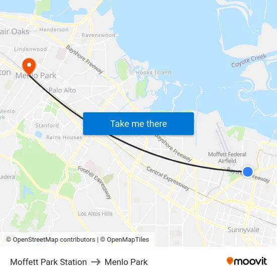 Moffett Park Station to Menlo Park map