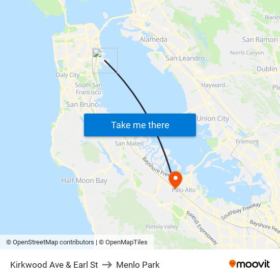 Kirkwood Ave & Earl St to Menlo Park map