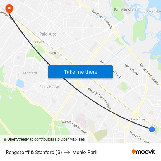 Rengstorff & Stanford (S) to Menlo Park map
