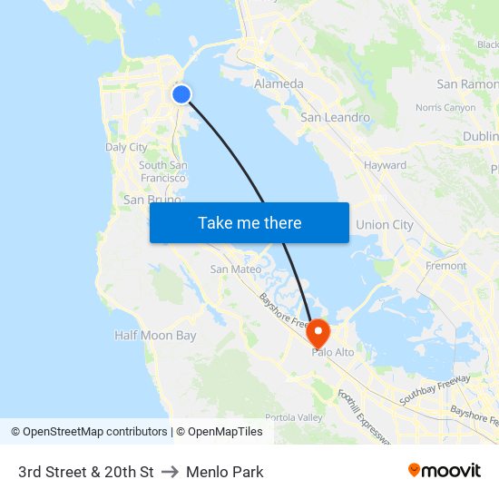 3rd Street & 20th St to Menlo Park map