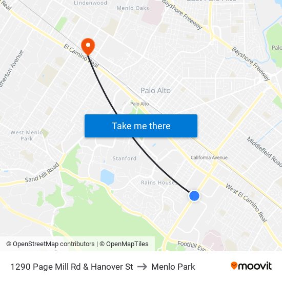 1290 Page Mill Rd & Hanover St to Menlo Park map