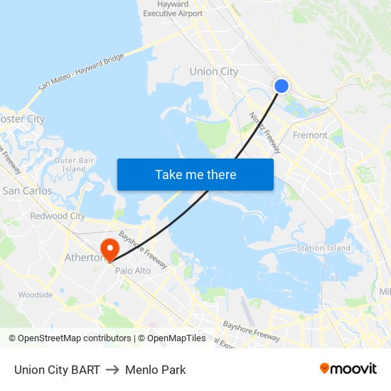 Union City BART to Menlo Park map